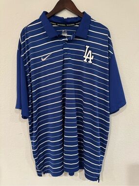 Nike Los Angeles Dodgers BSBL Baseball Dri Fit Blue Striped Polo Shirt Size XXXL
